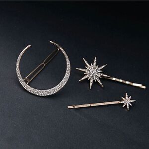 🖤 LAST ONE!  🖤 CRESCENT MOON & STARS GODDESS HAIR PIN BOBBY PIN BLING TRIO NWT